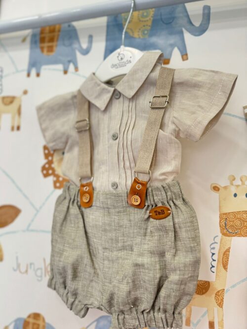 Pagliaccetto con bretelle neonato in lino