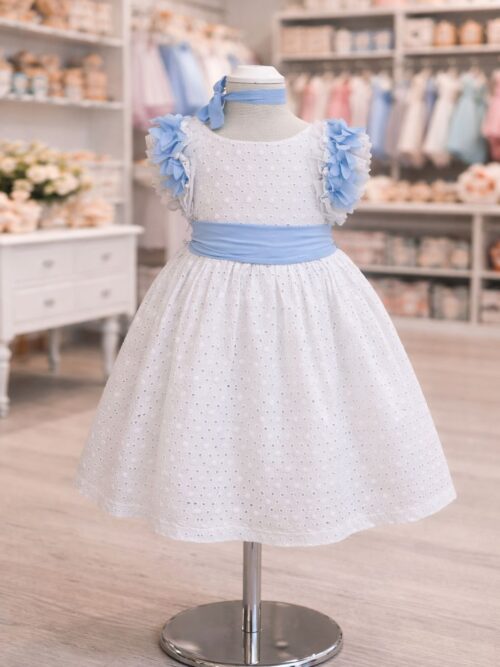 Abito cerimoniale in pizzo San Gallo bianco e celeste