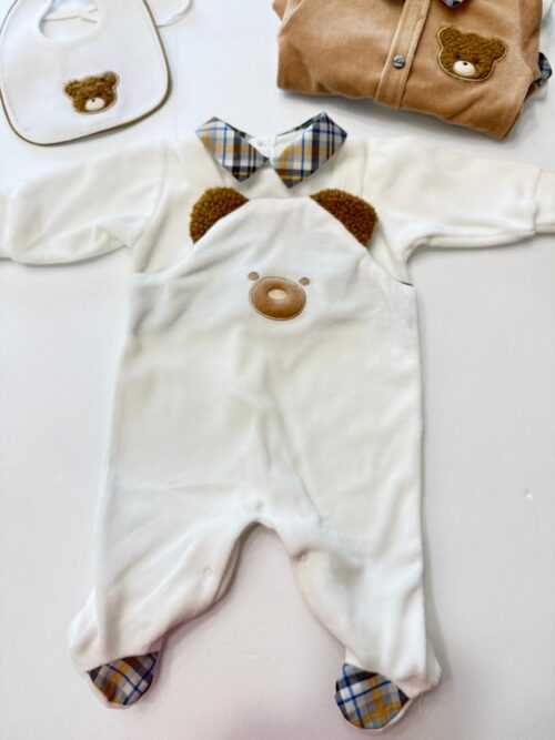 tutina ciniglia tema Teddy con inserti a quadri adatta per nascita e prima uscita