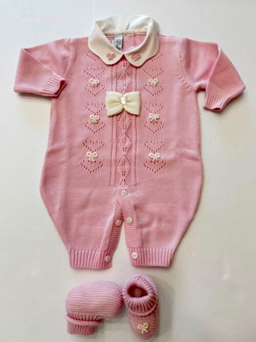 tutina Rose in pura lana merino con collettino bianco in cotone morbida e soffice adatta per nascita e prima uscita