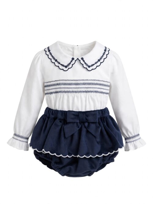 Coordinato culotte e t-shirt in punto smock blu Deolinda