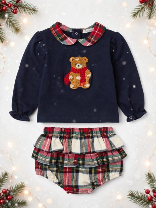 Completino Blu Navy con Orsetto e Culotte Tartan Deolinda