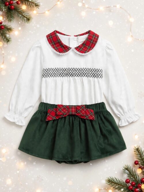 Completino Bianco con Gonna Verde Bosco e Fiocco Tartan Deolinda