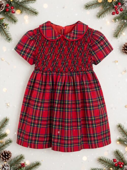 Vestitino Tartan Rosso con Smock e Fioccone  La Sartoria Dei Piccoli1