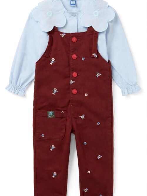 Salopette in denim bordeaux fiori ricamati TucTuc
